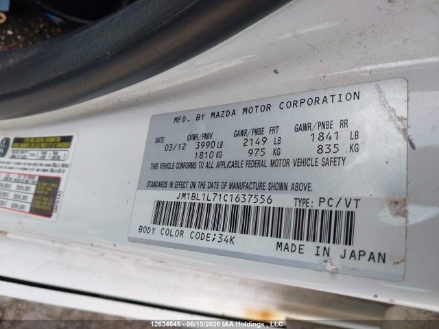 Aukcja sprzedaży 2012 Mazda Mazda3 Gs-sky, vin: JM1BL1L71C1637556, numer aukcji: 12634645