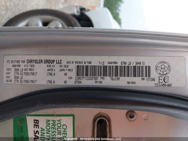 2012 Dodge Ram 1500 St მანქანა იყიდება აუქციონზე, vin: 1C6RD7FT1CS337587, აუქციონის ნომერი: 12634655