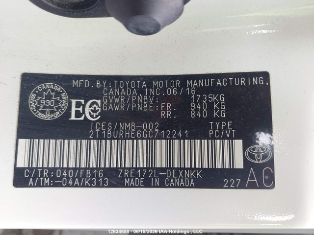 2T1BURHE6GC712241 Toyota COROLLA LE