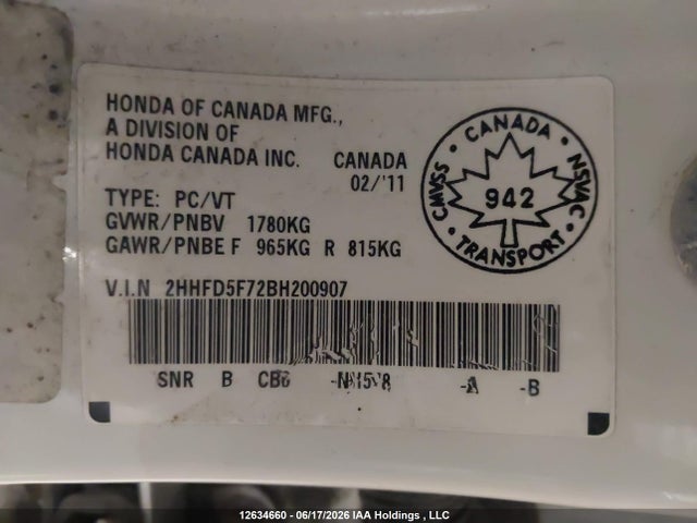 12634660 :رقم المزاد ، 2HHFD5F72BH200907 vin ، 2011 Acura Csx Technology مزاد بيع