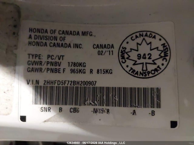 12634660 :رقم المزاد ، 2HHFD5F72BH200907 vin ، 2011 Acura Csx Technology مزاد بيع