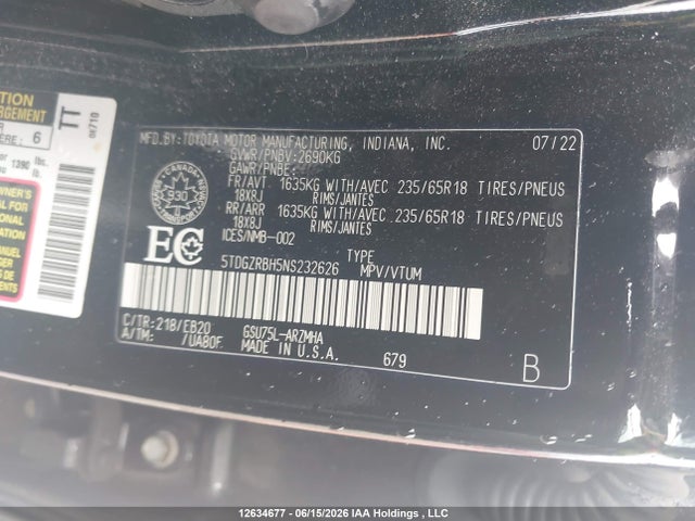 2022 Toyota Highlander Xle მანქანა იყიდება აუქციონზე, vin: 5TDGZRBH5NS232626, აუქციონის ნომერი: 12634677