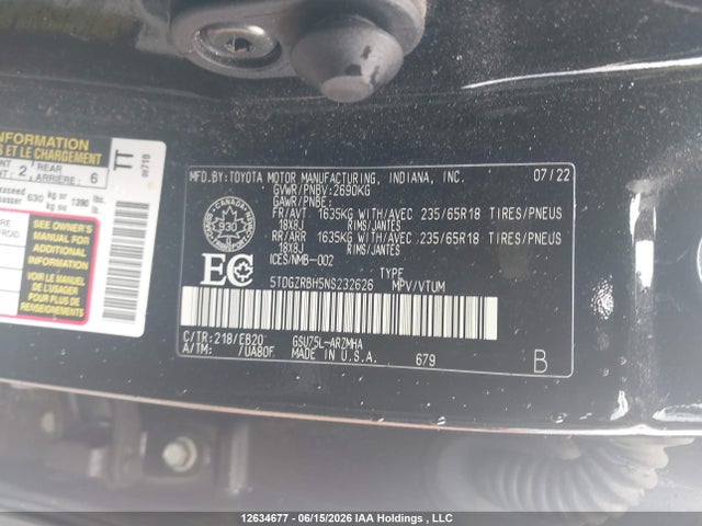 2022 Toyota Highlander Xle მანქანა იყიდება აუქციონზე, vin: 5TDGZRBH5NS232626, აუქციონის ნომერი: 12634677