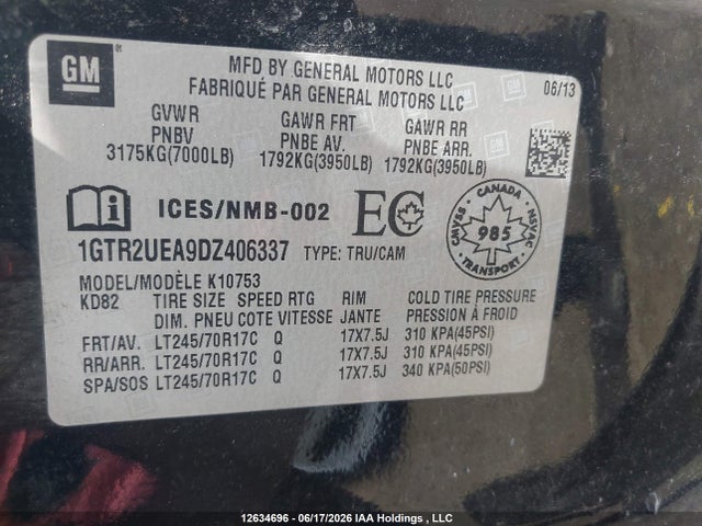 Auction sale of the 2013 Gmc Sierra 1500 Sl, vin: 1GTR2UEA9DZ406337, lot number: 12634696