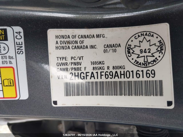 Продаж на аукціоні авто 2010 Honda Civic Sport, vin: 2HGFA1F69AH016169, номер лоту: 12634701