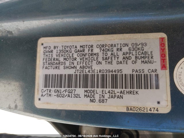 Продаж на аукціоні авто 1994 Toyota Tercel Dx, vin: JT2EL43E1R0394495, номер лоту: 12634704