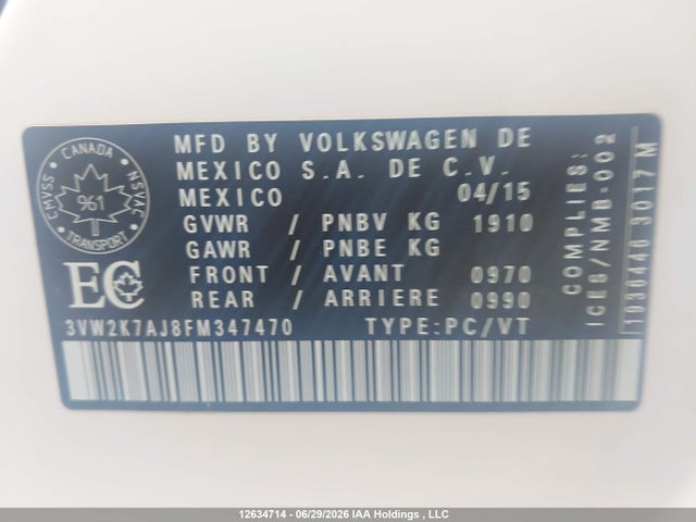 2015 Volkswagen Jetta 2.0l Trendline/2.0l Trendline+ მანქანა იყიდება აუქციონზე, vin: 3VW2K7AJ8FM347470, აუქციონის ნომერი: 12634714