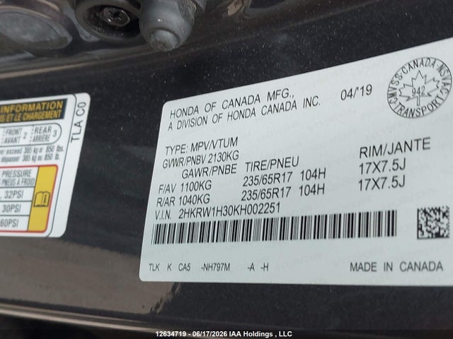 Продаж на аукціоні авто 2019 Honda Cr-v Lx, vin: 2HKRW1H30KH002251, номер лоту: 12634719