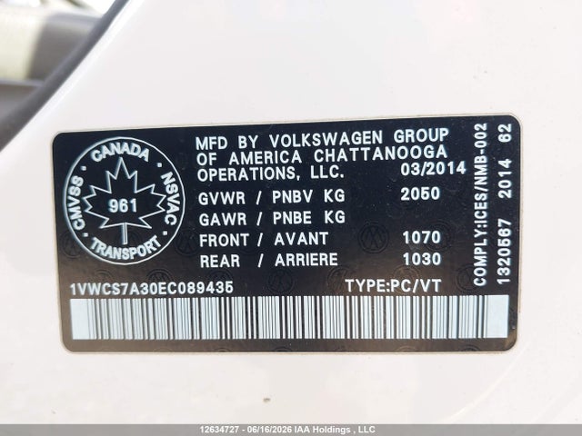 Volkswagen PASSAT SEL 2014 1VWCS7A30EC089435 Image 9
