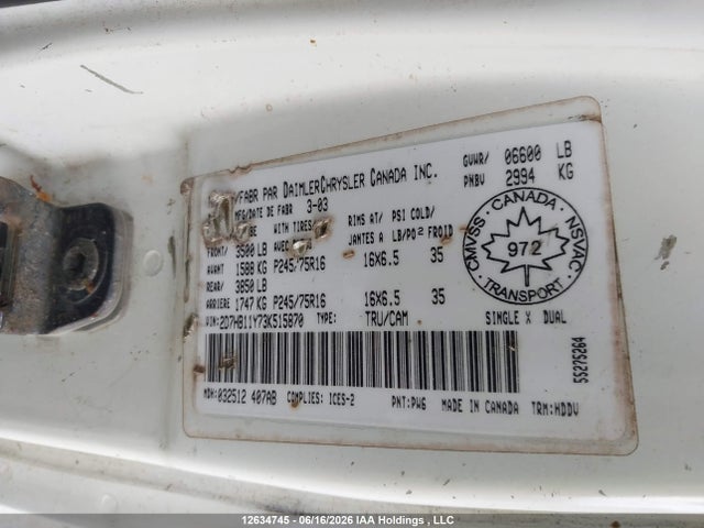 12634745 :رقم المزاد ، 2D7HB11Y73K515870 vin ، 2003 Dodge Ram Van 1500 Commercial/conversion مزاد بيع