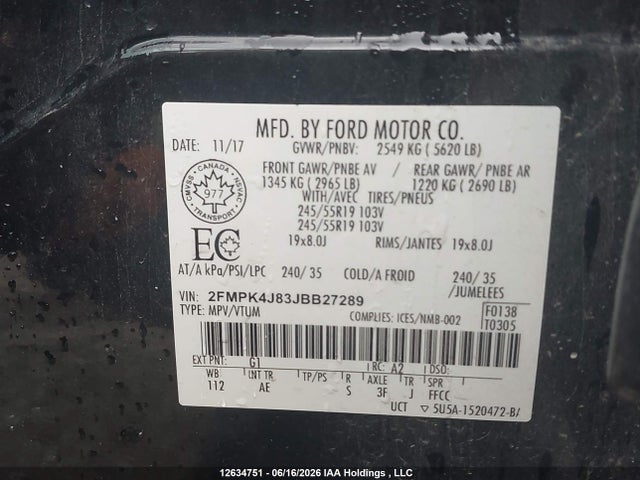 2018 Ford Edge Sel მანქანა იყიდება აუქციონზე, vin: 2FMPK4J83JBB27289, აუქციონის ნომერი: 12634751