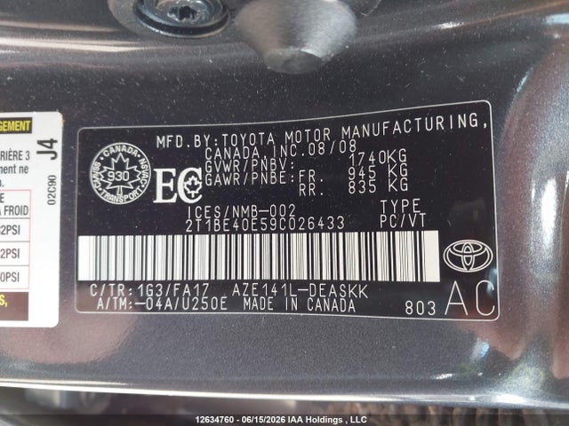 12634760 :رقم المزاد ، 2T1BE40E59C026433 vin ، 2009 Toyota Corolla Xrs Xrs مزاد بيع