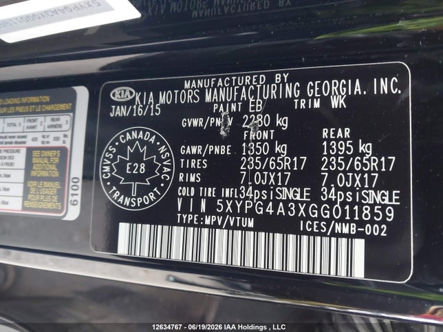 Aukcja sprzedaży 2016 Kia Sorento 2.4l Lx, vin: 5XYPG4A3XGG011859, numer aukcji: 12634767
