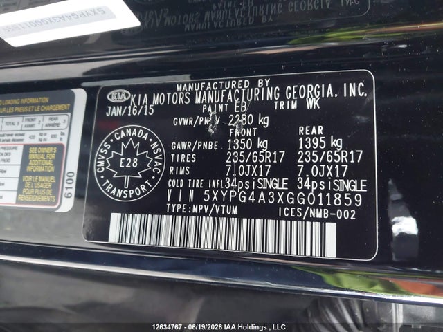 Aukcja sprzedaży 2016 Kia Sorento 2.4l Lx, vin: 5XYPG4A3XGG011859, numer aukcji: 12634767