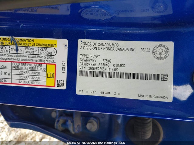2022 Honda Civic Sport მანქანა იყიდება აუქციონზე, vin: 2HGFE2F58NH117890, აუქციონის ნომერი: 12634773