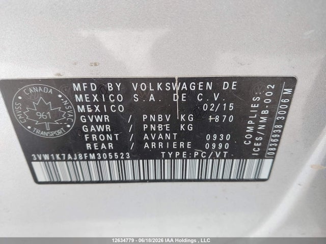 3VW1K7AJ8FM305523 Volkswagen JETTA S