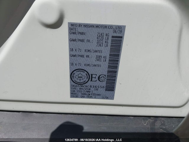 5N1AT2MV3KC836556 Nissan Rogue S/sl/sv