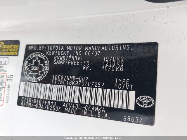 Aukcja sprzedaży 2007 Toyota Camry Le/se, vin: 4T1BE46K97U707252, numer aukcji: 12634795