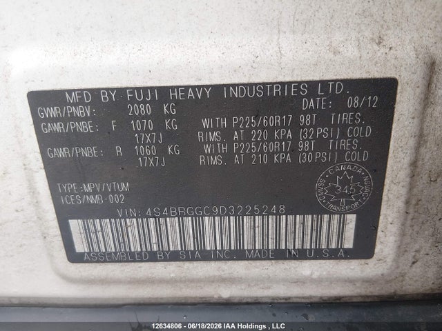 Продаж на аукціоні авто 2013 Subaru Outback 2.5i Touring Package, vin: 4S4BRGGC9D3225248, номер лоту: 12634806