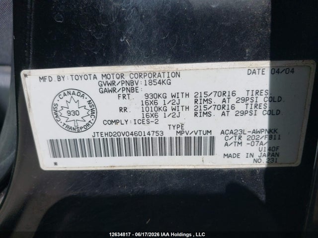 Aukcja sprzedaży 2004 Toyota Rav4, vin: JTEHD20V046014753, numer aukcji: 12634817