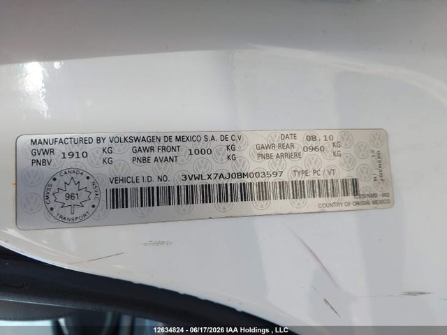 12634824 :رقم المزاد ، 3VWLX7AJ0BM003597 vin ، 2011 Volkswagen Jetta مزاد بيع