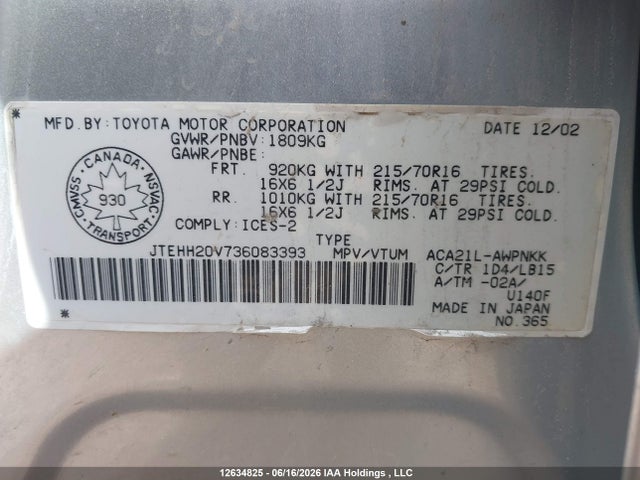 12634825 :رقم المزاد ، JTEHH20V736083393 vin ، 2003 Toyota Rav4 مزاد بيع