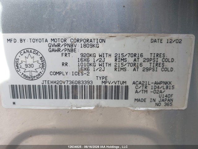 12634825 :رقم المزاد ، JTEHH20V736083393 vin ، 2003 Toyota Rav4 مزاد بيع