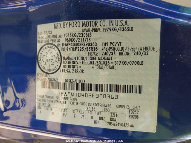 2003 Ford Mustang მანქანა იყიდება აუქციონზე, vin: 1FAFP40403F390363, აუქციონის ნომერი: 12634832
