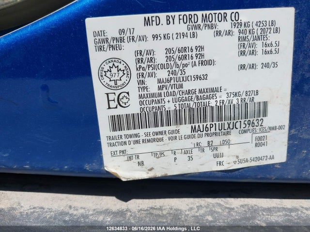 12634833 :رقم المزاد ، MAJ6P1ULXJC159632 vin ، 2018 Ford Ecosport Se مزاد بيع