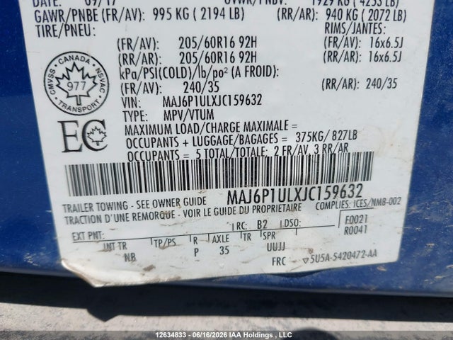 12634833 :رقم المزاد ، MAJ6P1ULXJC159632 vin ، 2018 Ford Ecosport Se مزاد بيع