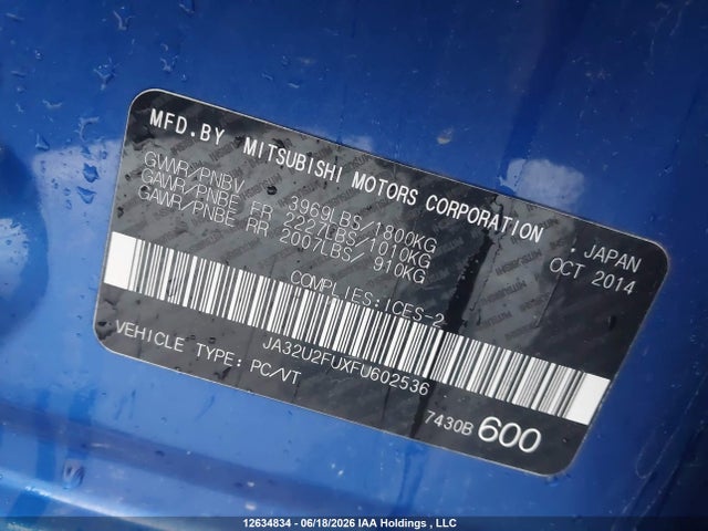 Aukcja sprzedaży 2015 Mitsubishi Lancer Es, vin: JA32U2FUXFU602536, numer aukcji: 12634834