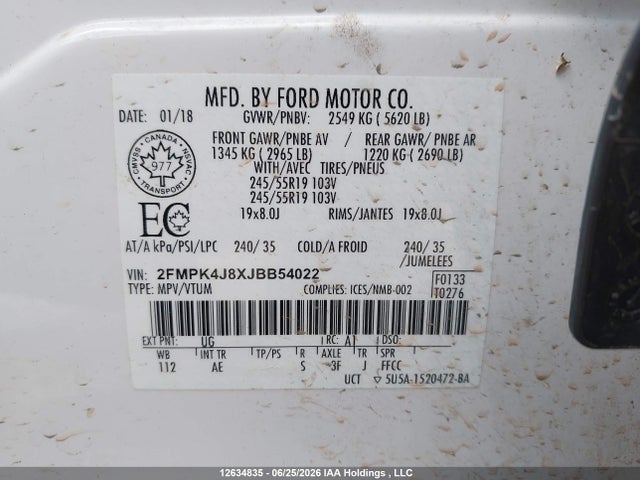 2018 Ford Edge Sel მანქანა იყიდება აუქციონზე, vin: 2FMPK4J8XJBB54022, აუქციონის ნომერი: 12634835