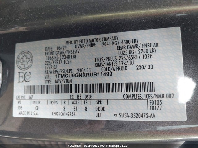 2024 Ford Escape Active მანქანა იყიდება აუქციონზე, vin: 1FMCU9GNXRUB11499, აუქციონის ნომერი: 12634837