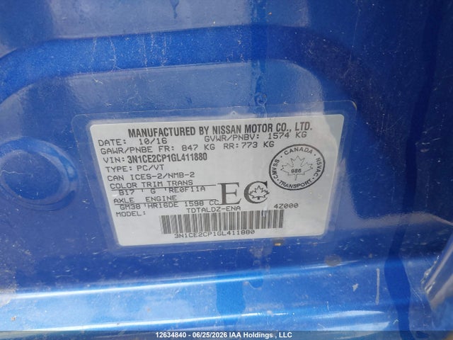 2016 Nissan Versa Note 1.6 S/1.6 Sl/1.6 Sr/1.6 Sv მანქანა იყიდება აუქციონზე, vin: 3N1CE2CP1GL411880, აუქციონის ნომერი: 12634840