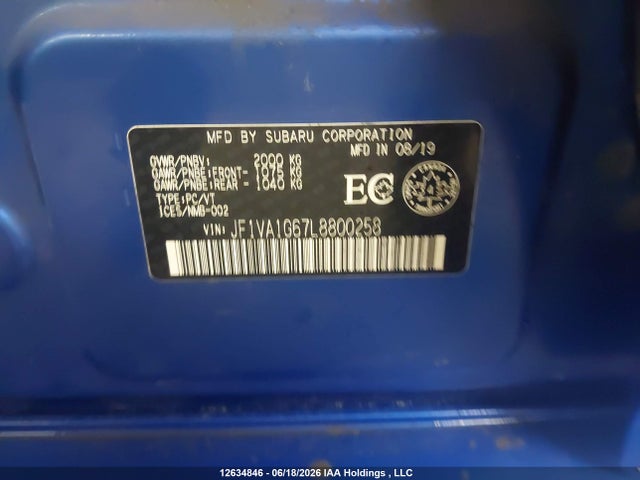 Auction sale of the 2020 Subaru Wrx Limited, vin: JF1VA1G67L8800258, lot number: 12634846