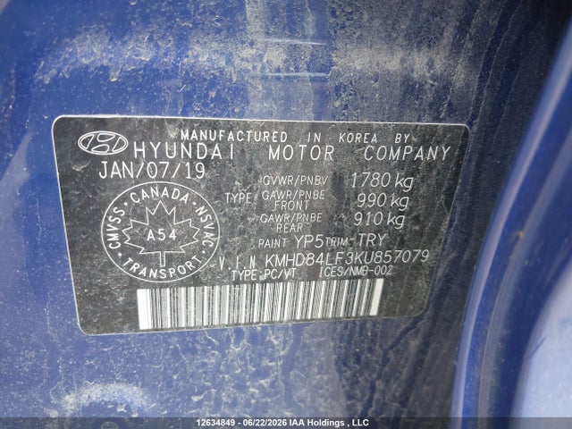 2019 Hyundai Elantra Preferred მანქანა იყიდება აუქციონზე, vin: KMHD84LF3KU857079, აუქციონის ნომერი: 12634849