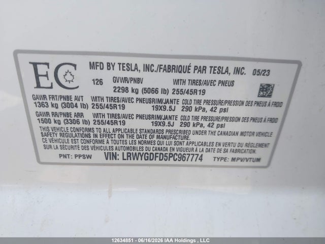 Aukcja sprzedaży 2023 Tesla Model Y, vin: LRWYGDFD5PC967774, numer aukcji: 12634851