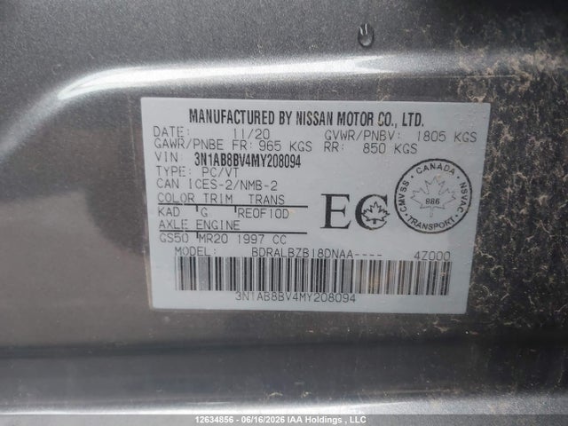 2021 Nissan Sentra S/s Plus მანქანა იყიდება აუქციონზე, vin: 3N1AB8BV4MY208094, აუქციონის ნომერი: 12634856