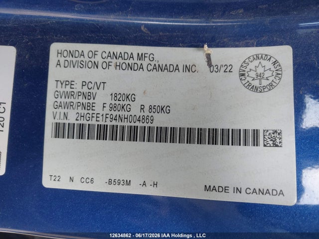 Honda Civic Touring 2022 2HGFE1F94NH004869 Image 9