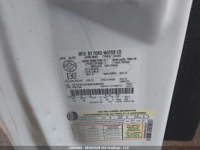 12634865 :رقم المزاد ، 1FTPW14V89FB48805 vin ، 2009 Ford F150 Supercrew مزاد بيع