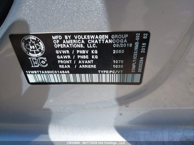 12634866 :رقم المزاد ، 1VWBT7A33HC014645 vin ، 2017 Volkswagen Passat 1.8 Tsi Comfortline مزاد بيع