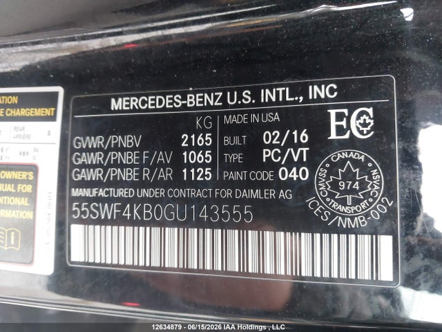 Продаж на аукціоні авто 2016 Mercedes-benz C 300 4matic, vin: 55SWF4KB0GU143555, номер лоту: 12634879