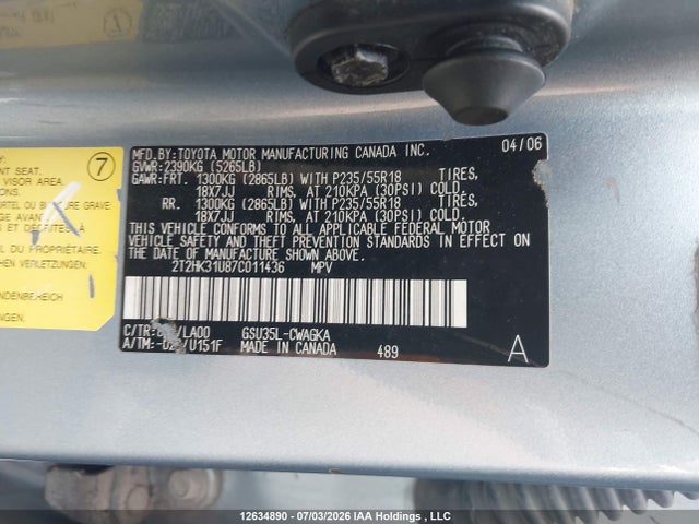 Продажа на аукционе авто 2007 Lexus Rx 350, vin: 2T2HK31U87C011436, номер лота: 12634890