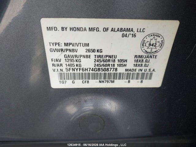 Honda PILOT EXLN 2016 5FNYF6H74GB508778 Image 9