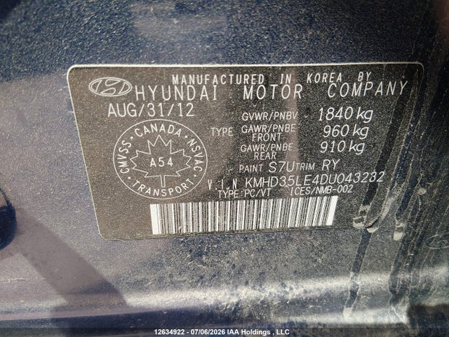 12634922 :رقم المزاد ، KMHD35LE4DU043232 vin ، 2013 Hyundai Elantra مزاد بيع