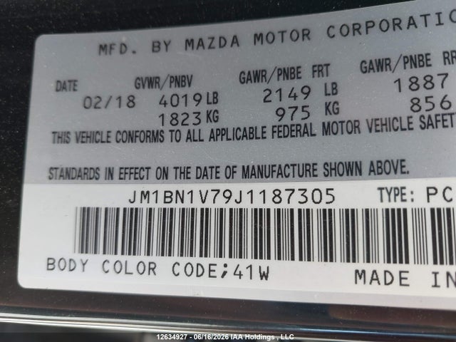 12634927 :رقم المزاد ، JM1BN1V79J1187305 vin ، 2018 Mazda Mazda3 50th Anniversary Edition/gs/se مزاد بيع