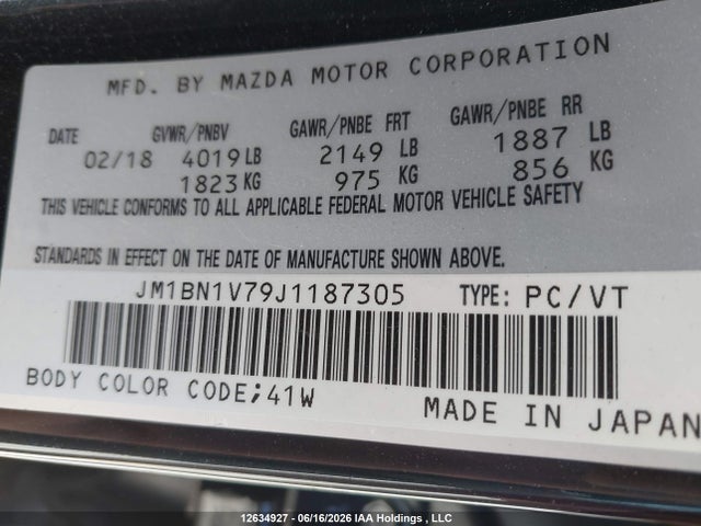 12634927 :رقم المزاد ، JM1BN1V79J1187305 vin ، 2018 Mazda Mazda3 50th Anniversary Edition/gs/se مزاد بيع