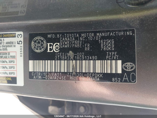 12634947 :رقم المزاد ، 2T1BR32E18C913490 vin ، 2008 Toyota Corolla Ce/le/s مزاد بيع