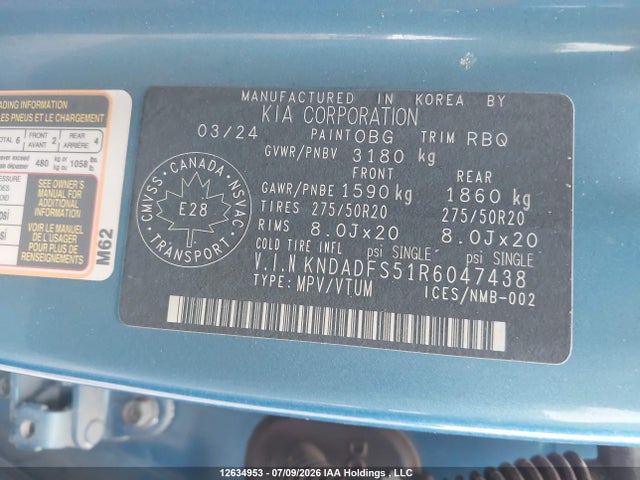 12634953 :رقم المزاد ، KNDADFS51R6047438 vin ، 2024 Kia Ev9 Land/land W/premium Package مزاد بيع