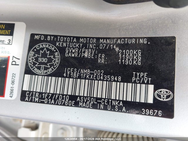 2014 Toyota Camry L/se/le/xle მანქანა იყიდება აუქციონზე, vin: 4T1BF1FKXEU435948, აუქციონის ნომერი: 12634954
